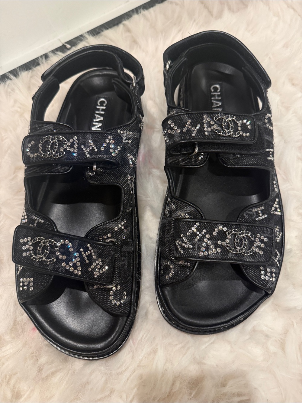 CHANEL Black Crystal-Embellished Leather Sport Sandals new…..